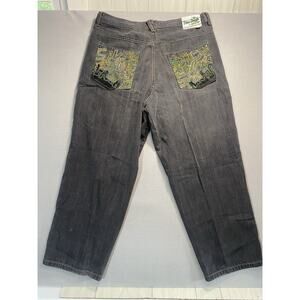 Vintage 5ive Jungle Baggy Jeans Y2K Embroidered Black Denim Size 44x31 Wide Leg